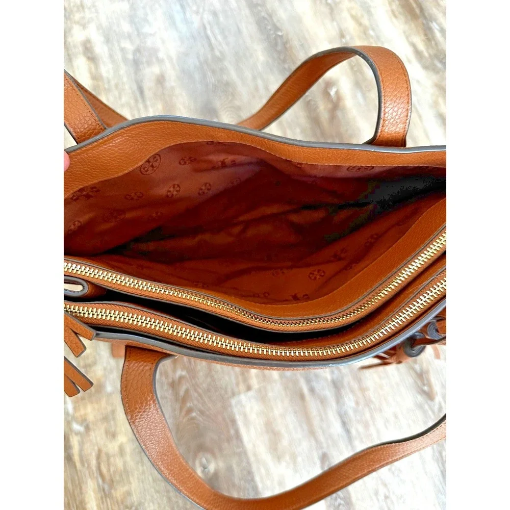 Tory Burch Thea Brown Leather Tote Tassels Purse Multi Pocket Shoulder Bag